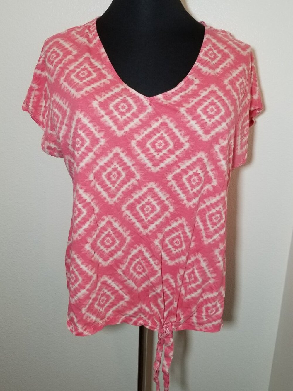 Avenue Women Sz‎ 20 Pink V-Neck Cap Sleeve Front Tie Shirt Hippie Cottage Boho